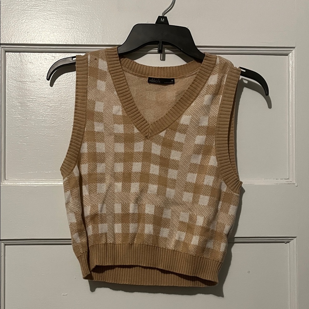 Tan and White Checkered Sweater Vest